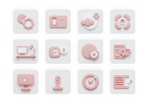 Collection of 12 pastel pink 3d icons for business, finance, and creative concepts, isolated on transparent background