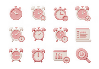 Collection of pink alarm clocks and timerelated icons on a transparent background