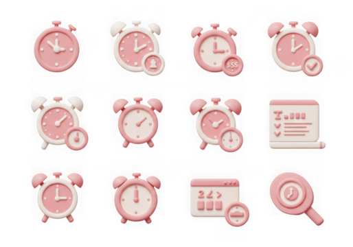 Collection of pink alarm clocks and timerelated icons on a transparent background