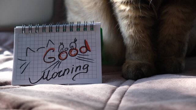 Text Good Morning on paper, notepad. Motivation. Love. Atmospheric mood. Cute kitten	