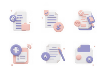 Set of 3d icons representing documents, contracts, and digital processes, isolated on transparent background