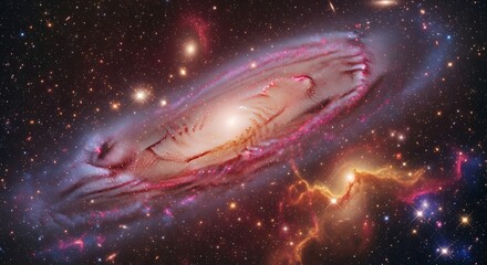 Spiral galaxy with glowing gas and dust clouds in deep space