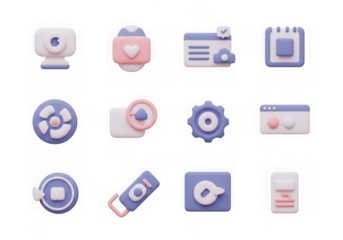 Set of 12 cute 3d icons for technology and interface elements, isolated on transparent background
