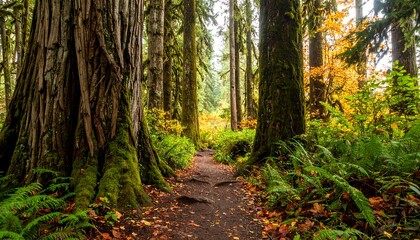 Naklejka premium Path through a dense autumn forest
