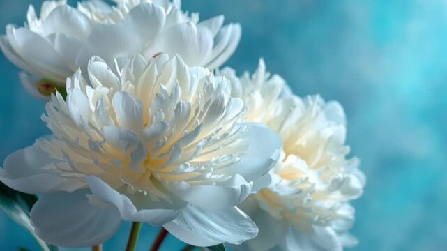 Three white peonies with many petals are in focus the background is blurry and light blue