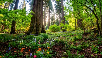 Enchanting Redwood Forest Scene with Wildflowers and Sunlit Canopy