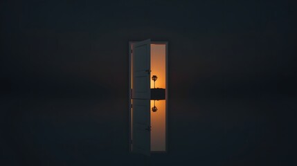 Minimal surreal concept of open door revealing sunset with palm tree against dark space, symbolic vision of escape, opportunity, imagination, freedom and new possibilities