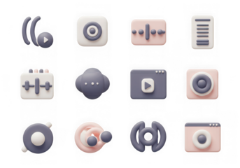 Assortment of 3d app icons in gray and pastel pink, featuring media controls, social media symbols, and camera icons, isolated on transparent background