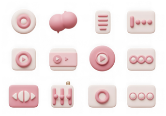 Collection of pastel pink and white 3d app icons for media playback, settings, and social media, isolated on transparent background