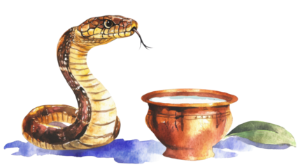 Nag Panchami watercolor banner with a cobra snake standing next to a pot with milk. transparent on white background