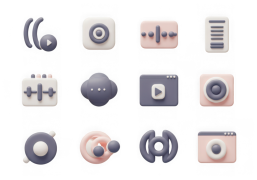 Assortment of 3d app icons in gray and pastel pink, featuring media controls, social media symbols, and camera icons, isolated on transparent background