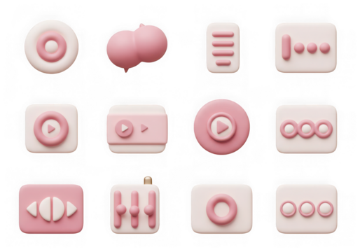 Collection of pastel pink and white 3d app icons for media playback, settings, and social media, isolated on transparent background