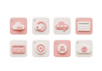 Set of 3d app icons in pastel pink and white, representing cloud services, social media, location, and calendar functions, isolated on transparent background