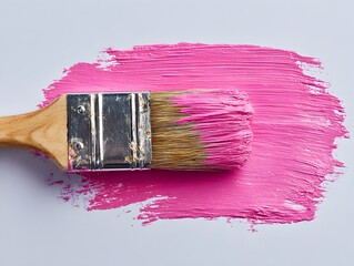 Close up shows a paintbrush with pink paint on a white surface, displaying vibrant color and texture detail.