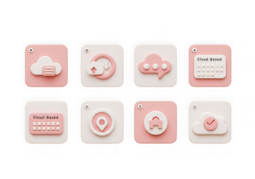 Set of 3d app icons in pastel pink and white, representing cloud services, social media, location, and calendar functions, isolated on transparent background