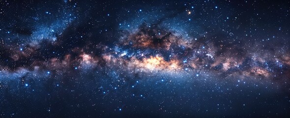 Obraz premium Stunning panoramic view of a vibrant galaxy filled with stars, nebulae, and cosmic colors