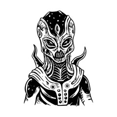 A vintage style illustration showing an alien figure