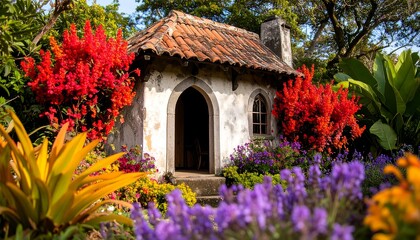 Enchanting small house surrounded by vibrant flowers in a lush green garden