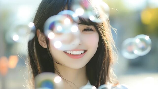 シャボン玉に囲まれて微笑む若いアジア人女性の顔のクローズアップ