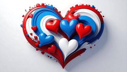 A vibrant, 3D heart design, composed of swirling, colorful ribbons of red, white, and blue, showcasing numerous smaller hearts, evokes a festive, patriotic spirit.