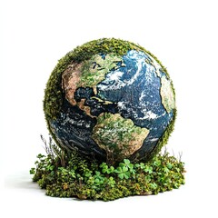 Sustainable world concept with moss and plants growing on earth globe model representation