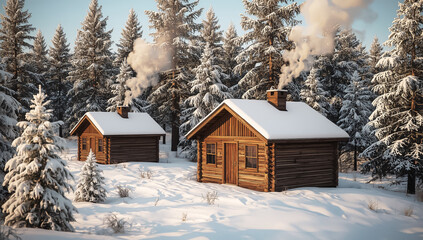 Rustic wooden cabins with snow covered roofs and smoke rising from chimneys in winter forest, cozy countryside retreat among frosted pine trees under clear cold sky.