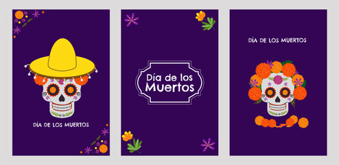 Day of the Dead Mexico poster set. National holiday September 16, Cinco de Mayo. Dia De Los Muertos. Colorful Mexican flowers. Fiesta poster party flyer greeting card. Vector illustration