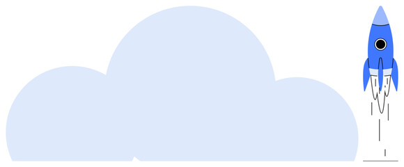 Blue rocket soaring past a large cloud with trail lines, symbolizing success, growth, innovation. Ideal for business goals, startup aspirations, teamwork, technology, progress creativity simple