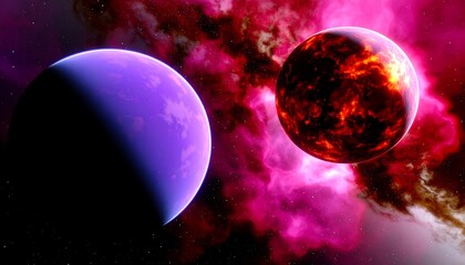 Cosmic Dance: A fiery planet and a serene one grace the vibrant nebula landscape