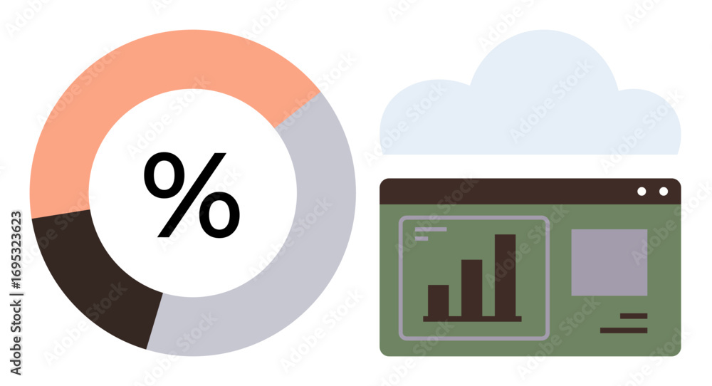 Aufkleber circular chart with percentage icon and analytics dashboard showing bar graph, set against a cloud e