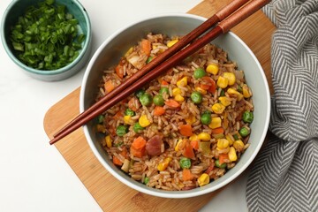 Tasty fried rice in bowl on white table, flat lay