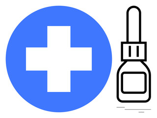 Blue medical cross and dropper bottle emphasizing healthcare, medication, and treatment. Ideal for healthcare, pharmaceuticals, safety, wellness, medical care treatments and solutions. Simple flat