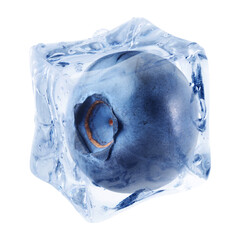 Ripe blueberry in ice cube against white background