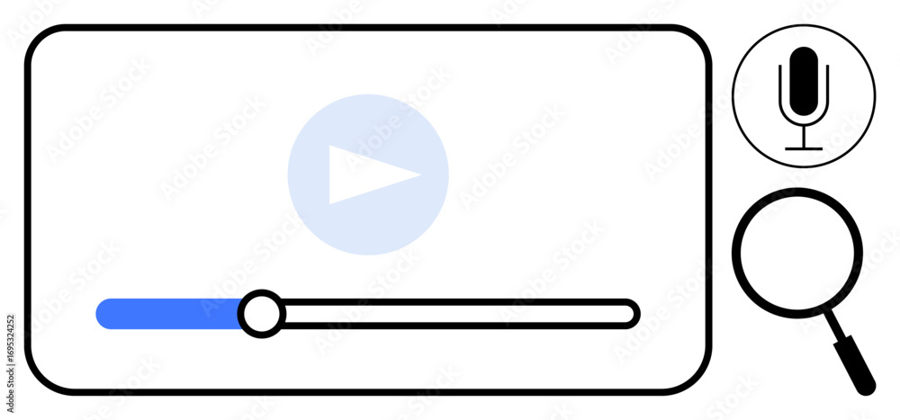 Poster multimedia player interface with playback bar, play button, magnifier for search, and microphone for