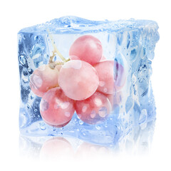 Fresh grapes inside ice cube on white background