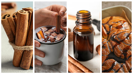Cinnamon oil and sticks. Drink and pastry with added spice. Collage of pictures