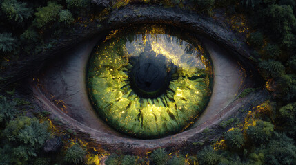 Fototapeta premium Captivating eye reflects beauty of nature with vibrant green hues and intricate details, symbolizing wildlife tracking through drone technology