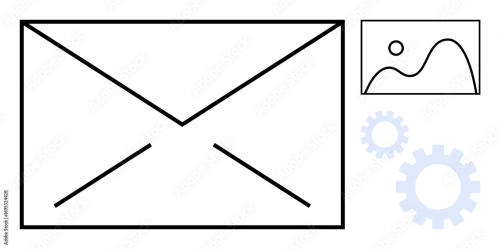 Poster envelope symbolizing email messaging, photo representing multimedia integration, and gears denoting 