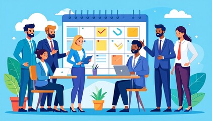 Diverse business team meeting around a large calendar