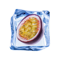 Half of fresh passion fruit in ice cube on white background