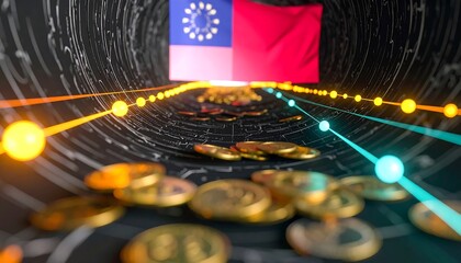 Digital tunnel with coins and a flag