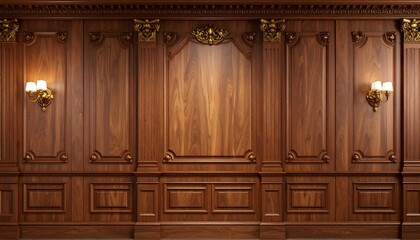 Elegant Wooden Wall Panel Background with Lighting with Ornate Architectural Detail.