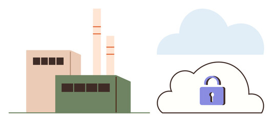 Factory building with chimneys next to a cloud with a lock, symbolizing cybersecurity, energy, sustainability, and industrial data integration. Ideal for technology, manufacturing, security, energy