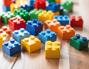 Colorful plastic building blocks on light wood