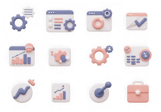 Collection of 3d pastel icons representing business, finance, and analytics, isolated on transparent background