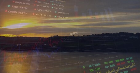 Showing financial overlay at lakeside dusk, revealing line graphs, percentages, tickers, gridlines