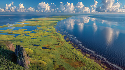 Obraz premium Scenic View of Coastline and Reflected Clouds