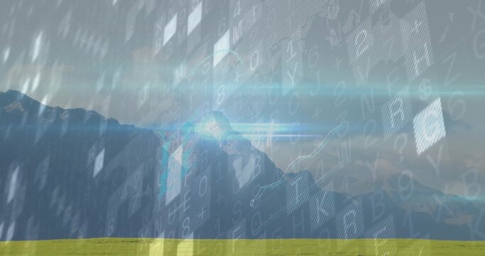 Fototapeta Showing mountain peaks rising above grassy meadow under blue sky featuring code overlay and flares