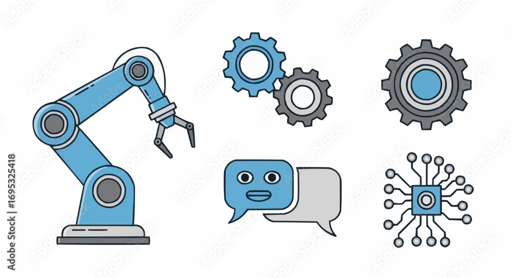 Aufkleber automation technology vector illustration featuring robot arm gears chatbot and microchip for ai con