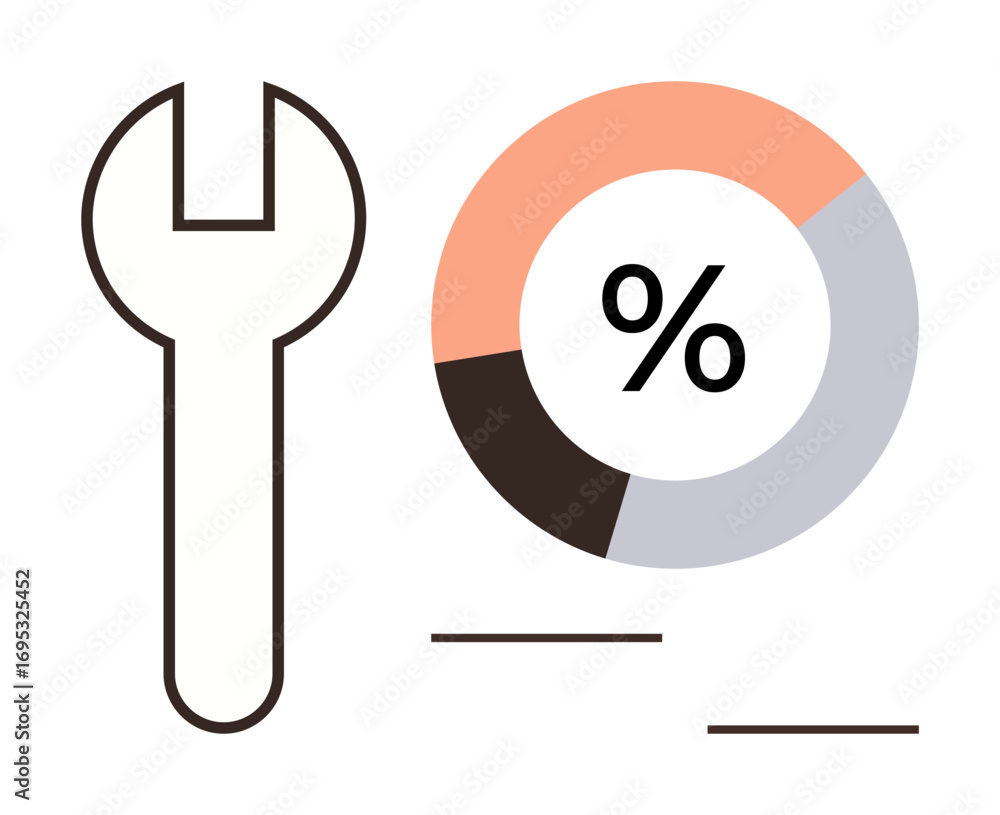 Poster wrench beside a segmented pie chart with percentage symbol, suggesting analytics, problem-solving, a